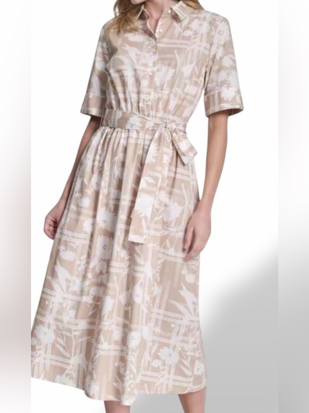 DKNY Midi Shirt Dress Floral Patterned Elbow Sleeve Tie Belt